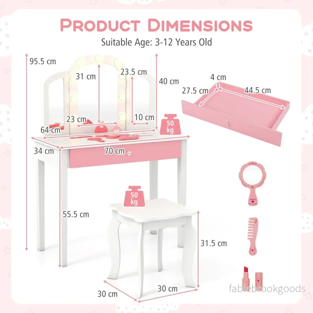 i – Barn Sminkbord Set med Avtagbar Spegel och Ljusfärg – 2 1 3 – Vit - Bild 2