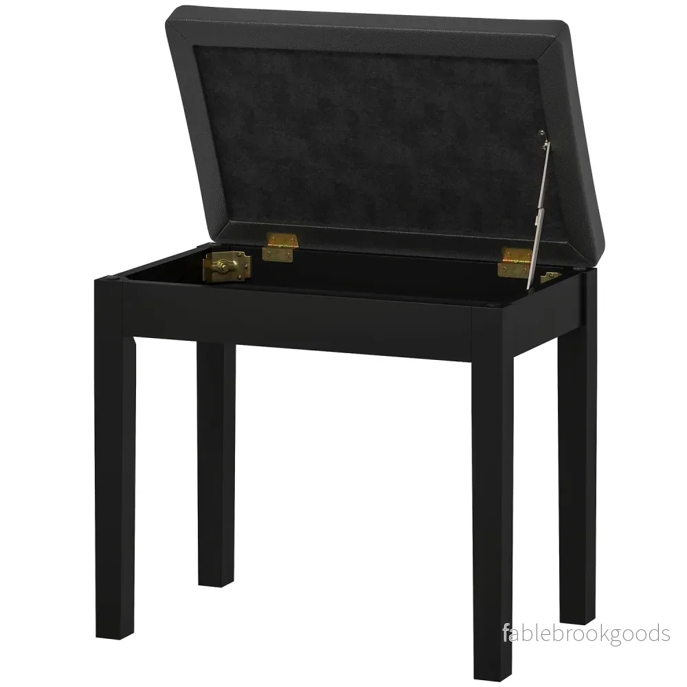 Pianobänk, fodral i konstläder, quiltade knappar, förvaringsutrymme, träben, svart