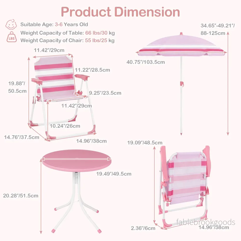 Barnmöbelset – med höjdjusterbart solparasoll, 4‑delat barnset bord och fällstolar – 2 - Bild 2