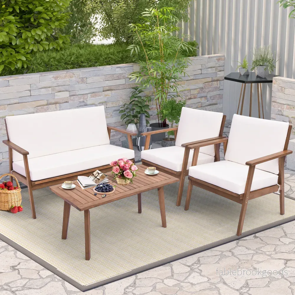 delat – trädgårdsmöbelset balkongmöbler i akaciaträ terrassmöbler med sitt och ryggkuddar – 4 – Vit - Bild 3