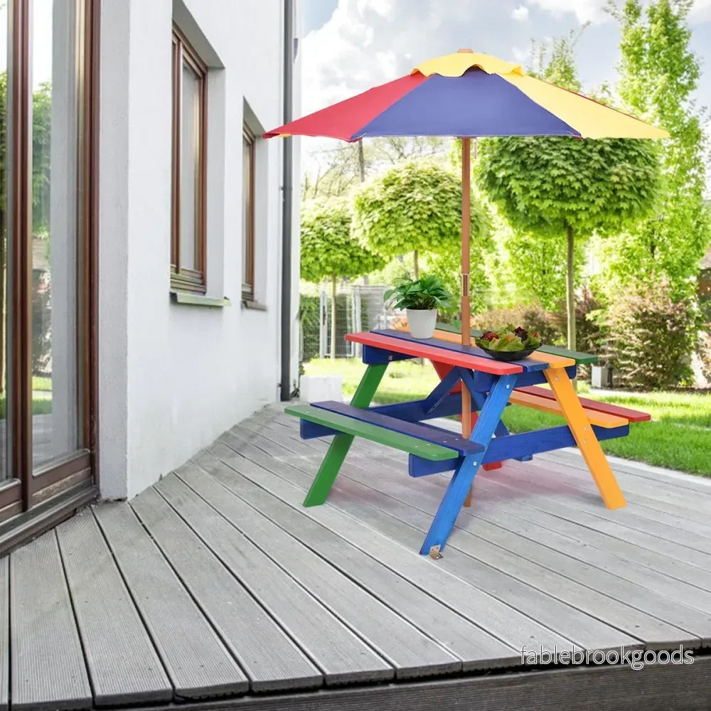 Sittgrupp – för barn i trä Sittset trädgårdsset med parasoll och bänkar utomhusbruk – 2 – Färgglad - Bild 2