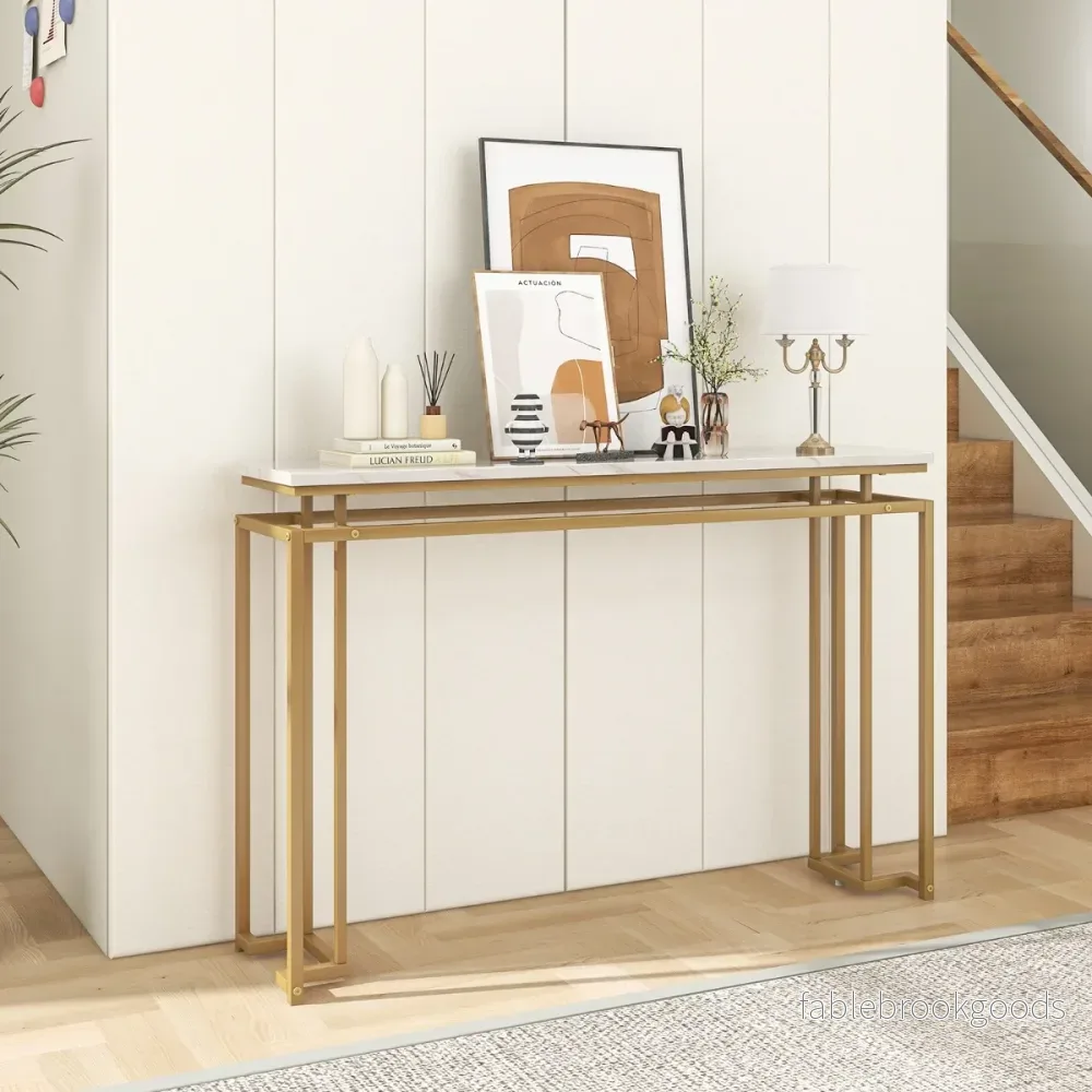 Konsolbord – med bordsskiva i konstgjord marmor och geometrisk metallram hallbord gyllene – 120 cm – Guld - Bild 3