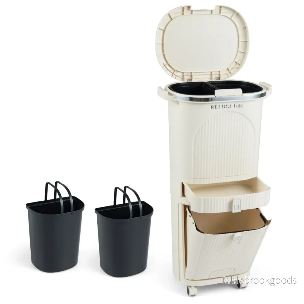 42L – Kökssoptunna med Lock och Fack Trampsoptunna Fotpedal Hjul – 3 – Beige