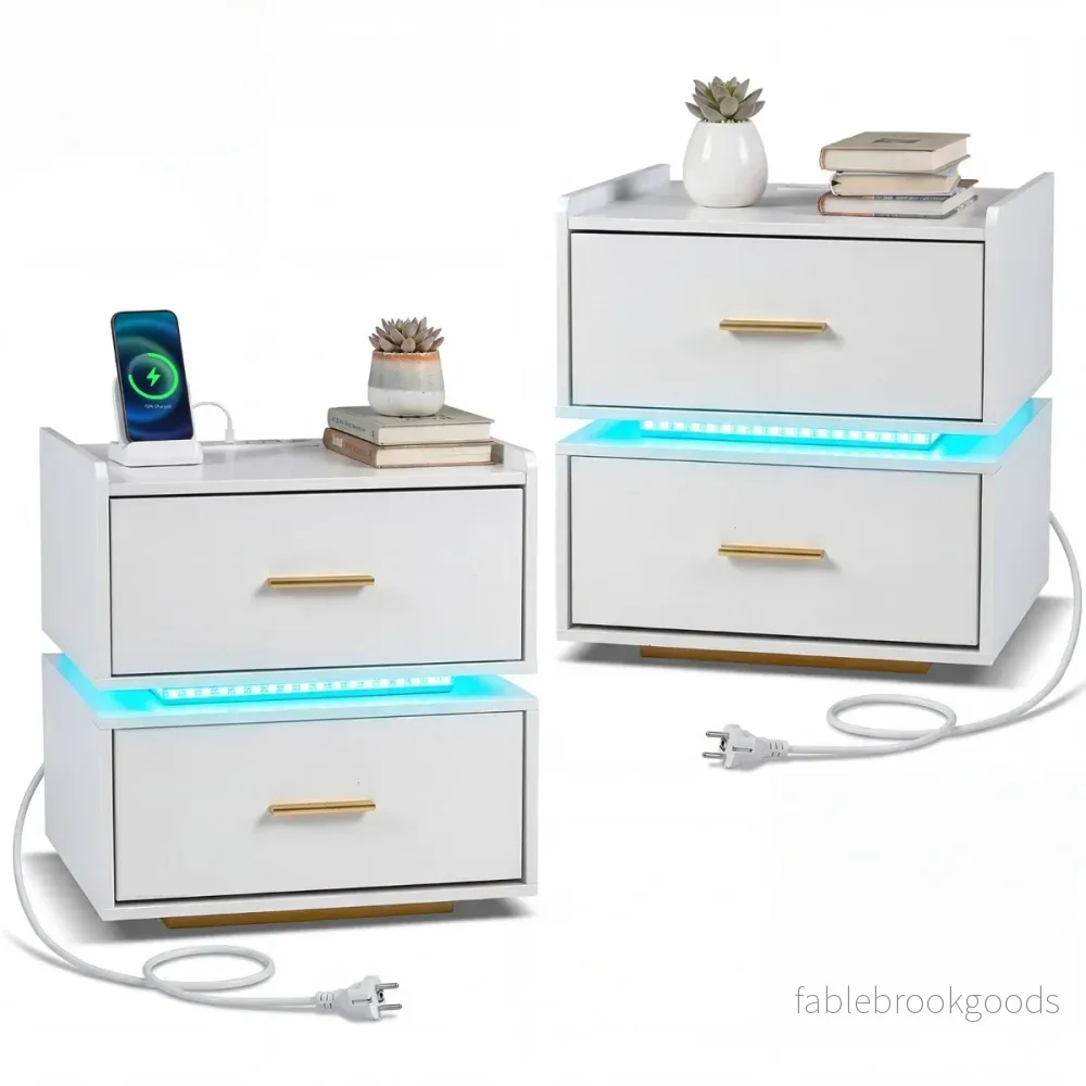 pack – nattbord med laddstation, LED och lådor modernt halvhängande, vitt – 2 2 – Vit