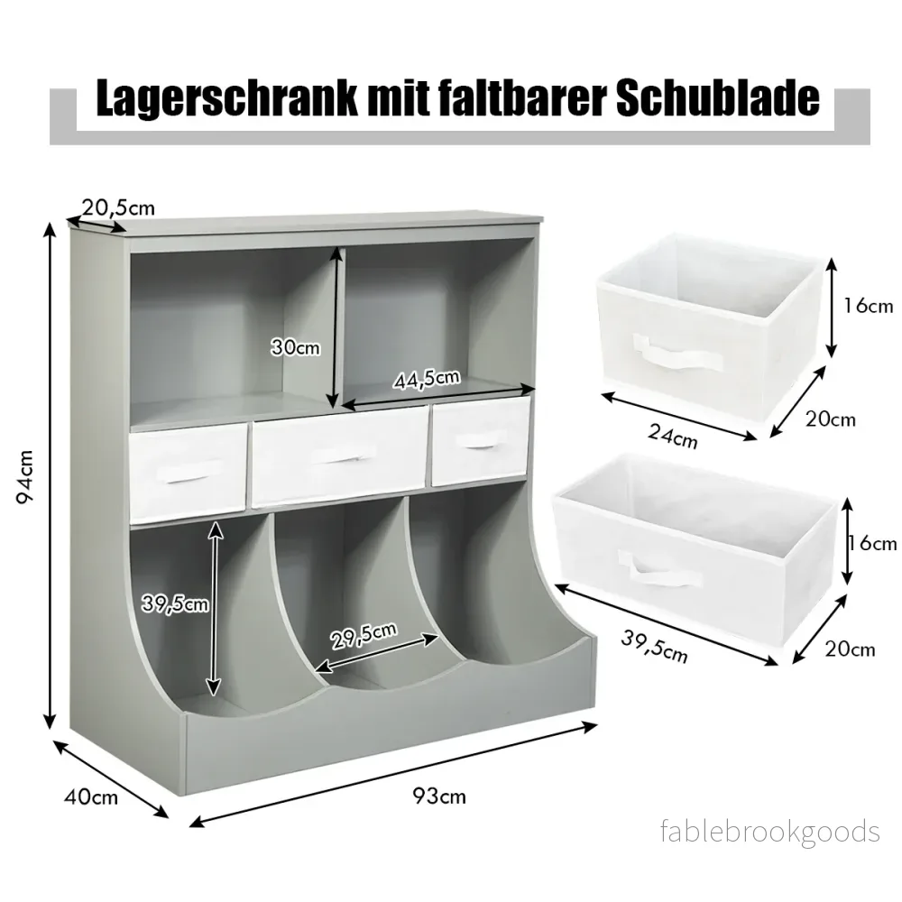 Leksakshylla – med fack och lådor Barnhylla – 5 3 93 x 40 x 94 cm – Grå - Bild 2