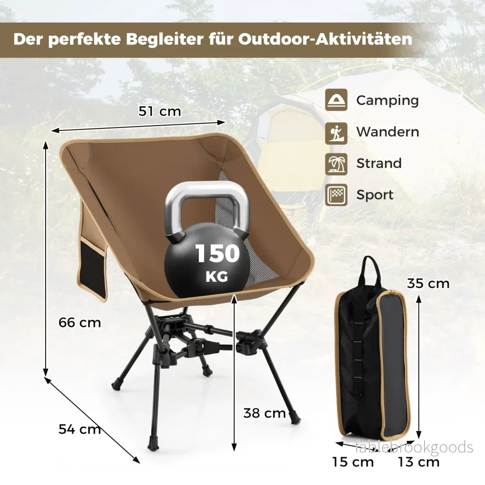 Fällbar – campingstol ultralätt med sidoficka fiskestol bärförmåga – 150 kg – Kaffe - Bild 2