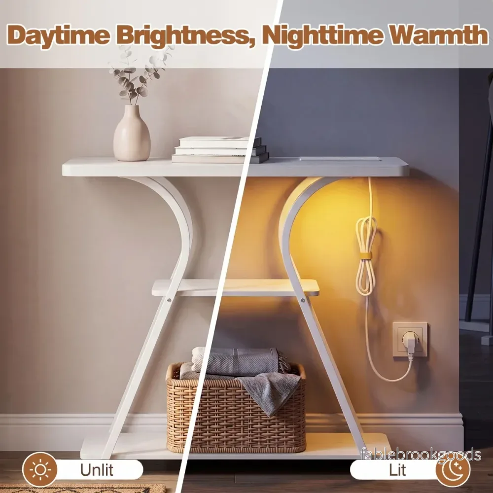 Konsolbord – med LED belysning och laddstation, smalt hallbord hyllor, metallram fjärrkontroll Rustikalt – 3 – Rustik brun - Bild 3