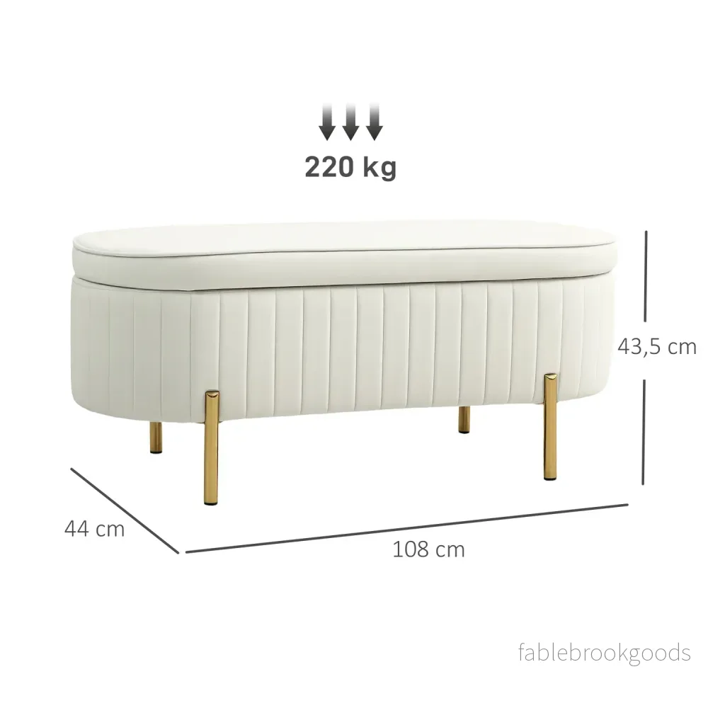 Oval förvaringsbänk med guldben, sammetsklädsel, kräm - Bild 3