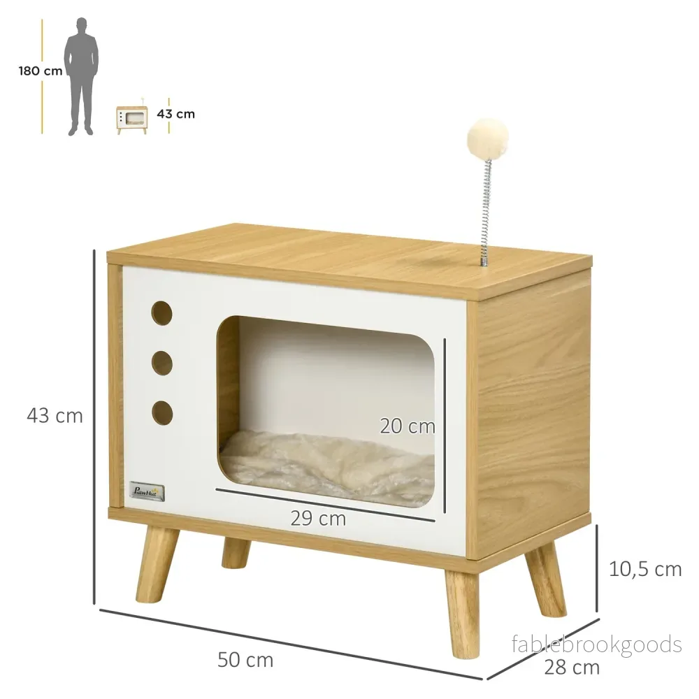 Katthus med lekboll & kudde, ek/beige/vit 50x28x43 cm - Bild 3