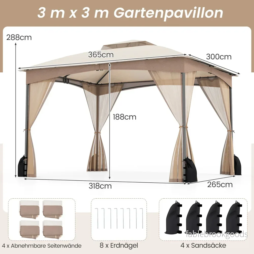 Paviljong – med sandsäckar och myggnät dubbelt tak Vattentätt Stabilt Vinterbeständigt – 3 x 3,6 m 4 4 – Khaki - Bild 2