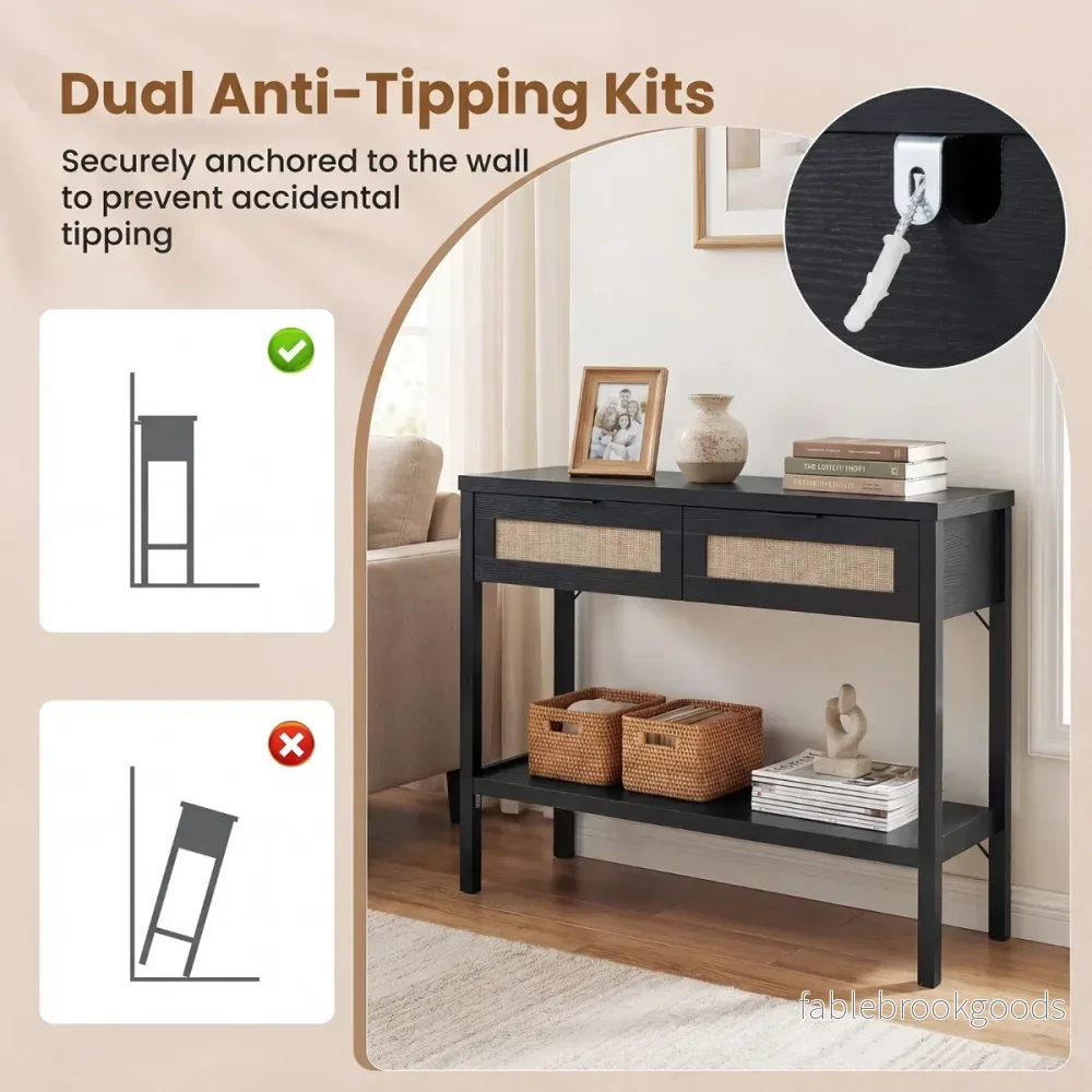 Konsolbord – Sidobord med Öppen Hylla och Lådor Soffbord Rattanoptik – 2 – Svart - Bild 3