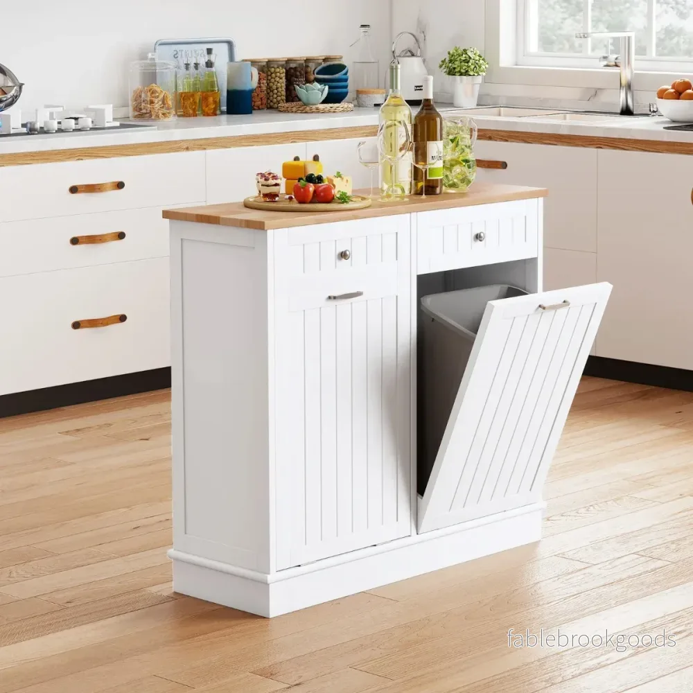 Soptunna – med dörrar, skärbräda, träbänkskiva och lådor – 2 2 – Vit - Bild 3