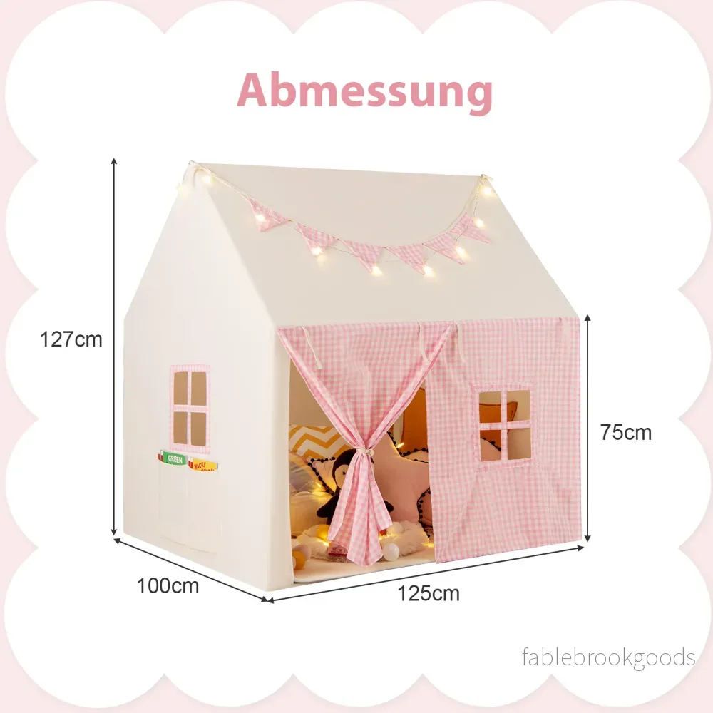 Barntält – med matta och lampor flaggbanner fönster Barnlekhus Lektält – Rosa - Bild 2