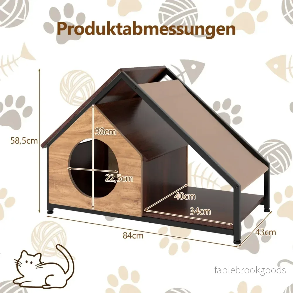 Träkoja – för katter inomhusbruk Kattkoja med veranda, avtagbart snedtak och metallram – Natur - Bild 2