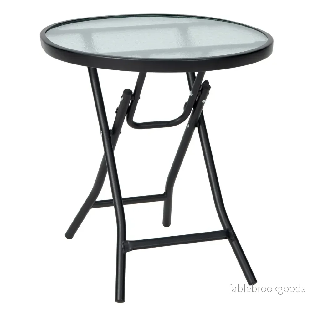Uteplats – matbord Runt glasbord med härdat glasskiva – 46,5 x 46,5 x 47,5 cm – Svart
