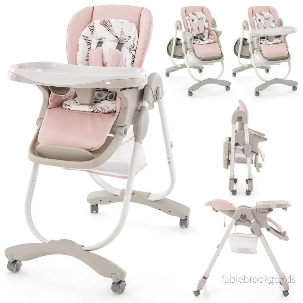 Hopfällbar – barnstol med hjul och justerbar höjd fotstöd ryggstöd Babysits – Rosa