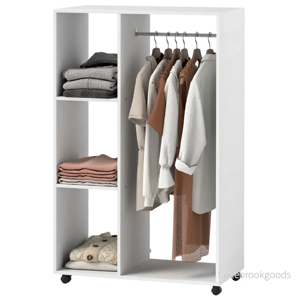 Rullande klädställ – 3 hyllor, skena, 80x40x128 cm, vit Rullande klädställ – 3 hyllor, skena, 80x40x128 cm, vit