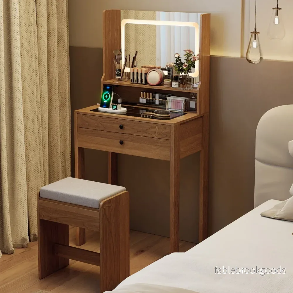 Sminkbord – med Kuddad Pall och Eluttag Färg LED Spegel Skönhetsbord – 3 – Brun - Bild 3