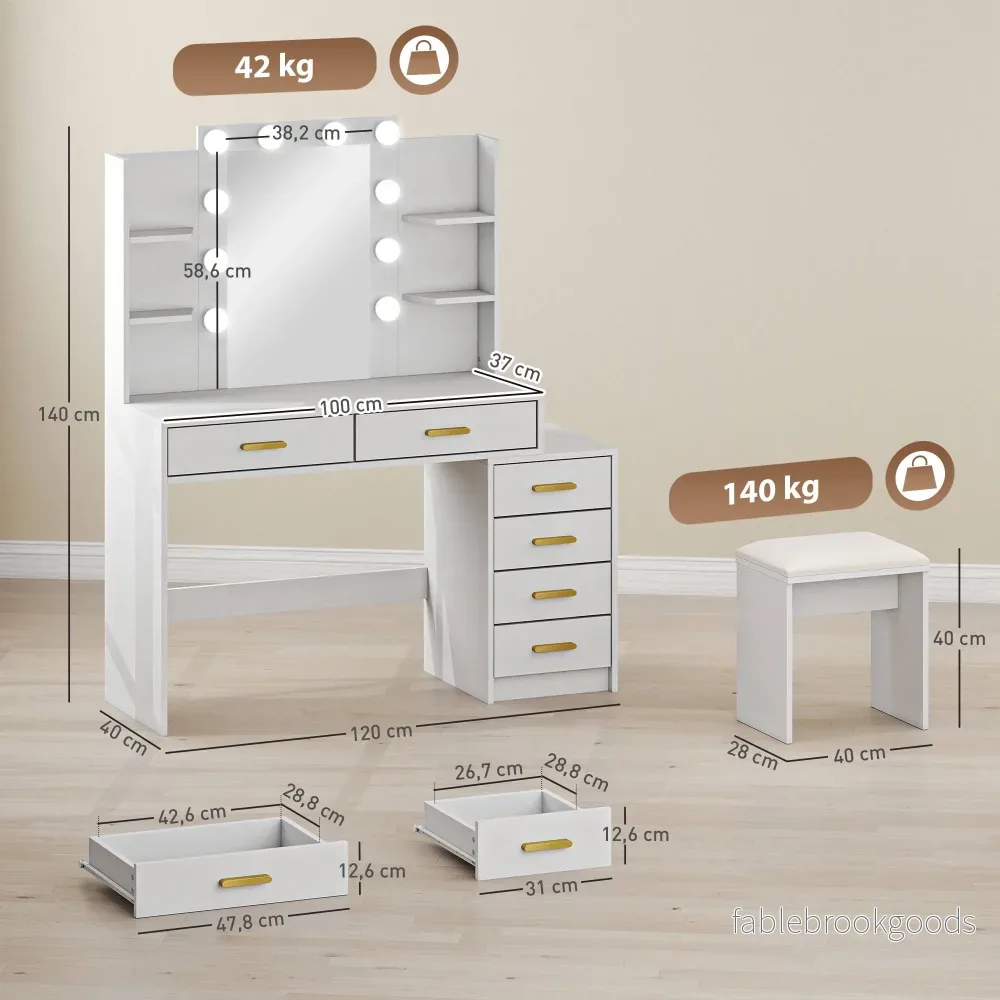 Sminkbord med LED-spegel och stoppad pall, vit - Bild 3