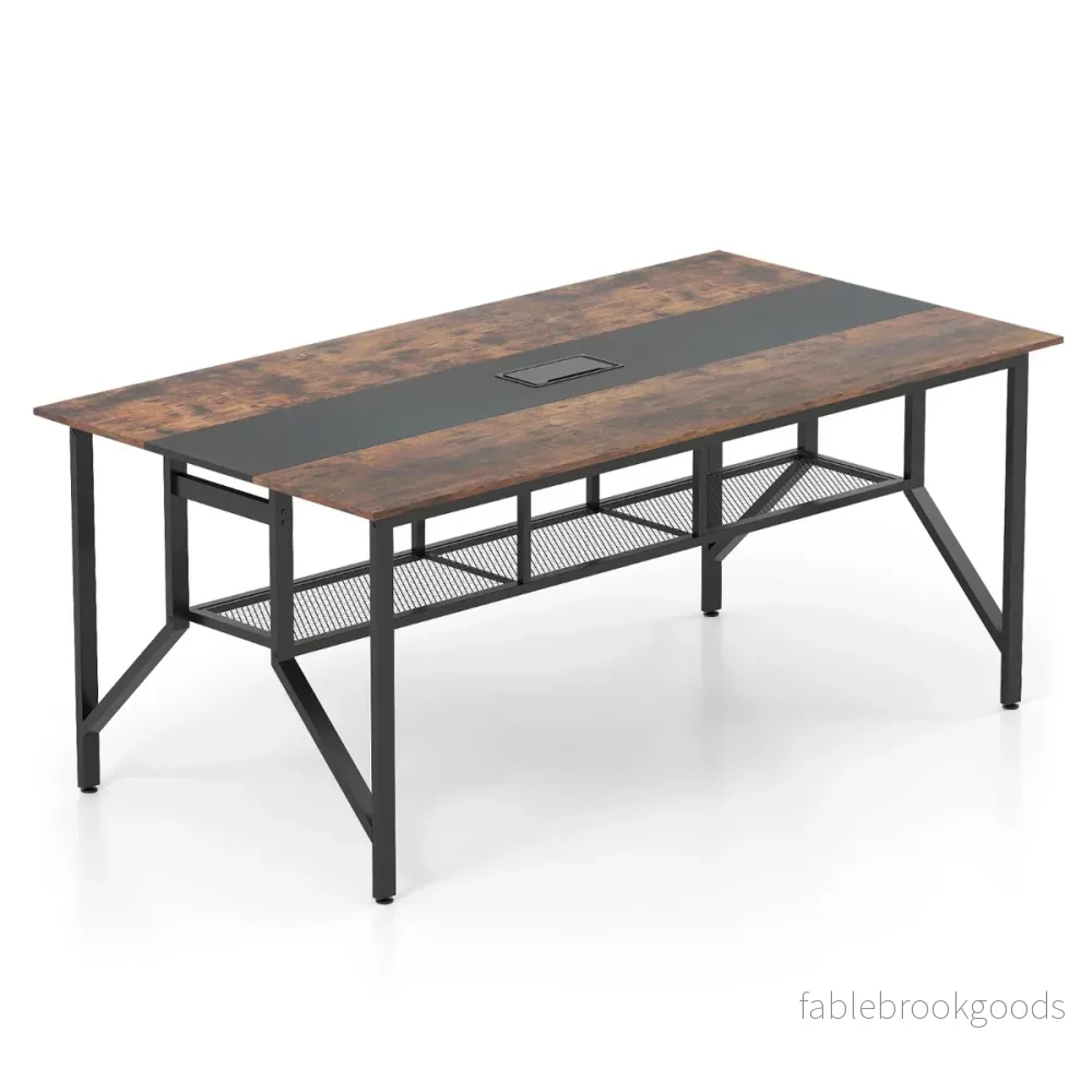 Konferensbord, – rektangulärt mötesbord med förvaringsfack i nät och kabeldragning, rustikt brunt – 180 cm – Rustik brun