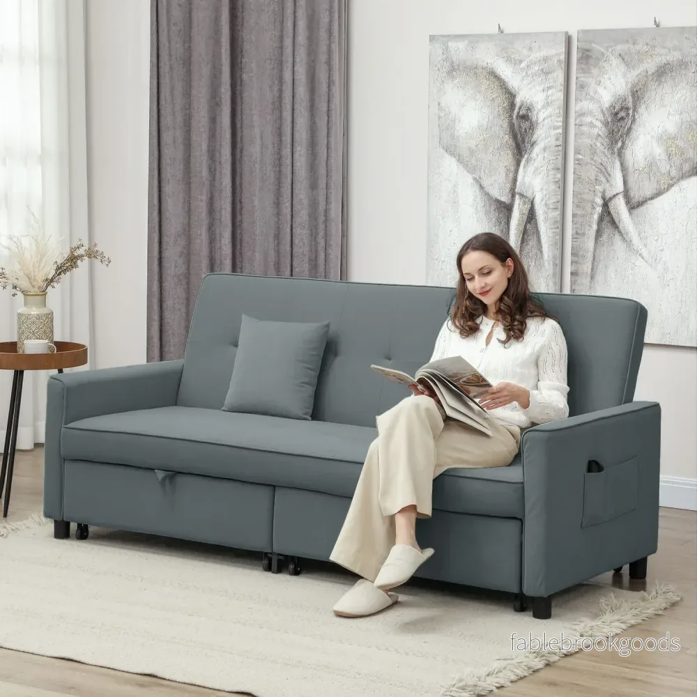 Konvertibel 3-sits bäddsoffa med justerbart ryggstöd, grå - Bild 2