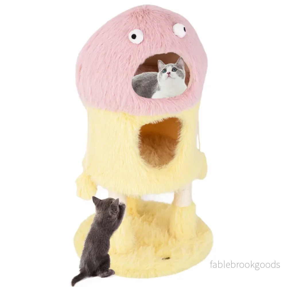 Skrapstolpe – litet högt kattträd med monstertema kattgrottor rosa+gult – 93 cm 2 – Gul - Bild 2