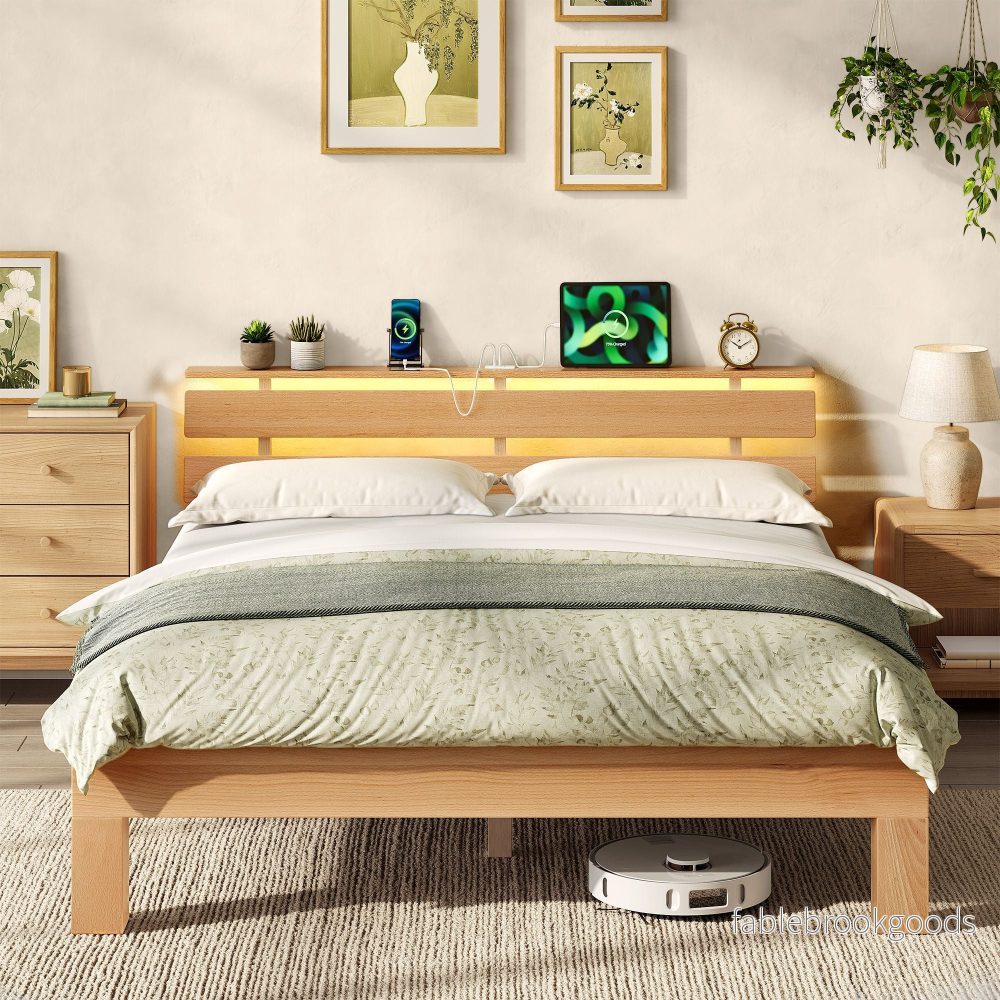 Bedframe – Van Massief Beukenhout – Hoofdbord met LED en USB – Naturel – 221,2 x 144,5 x 78 cm Bedframe – Van Massief Beukenhout – Hoofdbord met LED en USB – Naturel – 221,2 x 144,5 x 78 cm