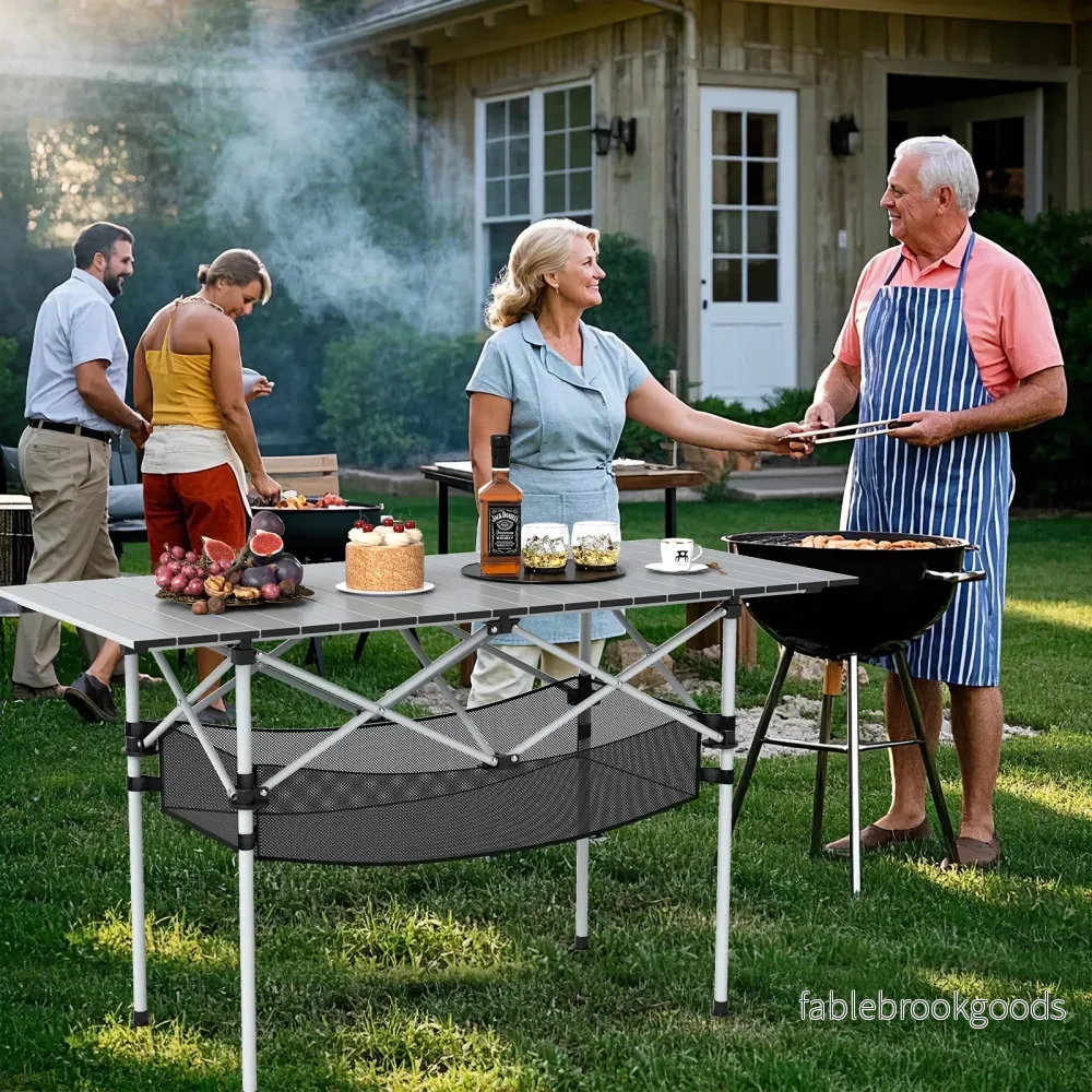 Fällbar – campingbord för terrass, bärbart picknickbord med rullbar aluminiumskiva och nätkorg i – . – Silver - Bild 3