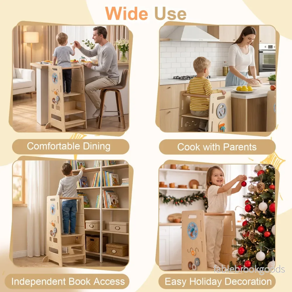 2‑faldigt – höjdjusterbar trappstol, 4‑i‑1 Montessori‑lärotorn i trä – 52 x 50 x 89 cm - Bild 3