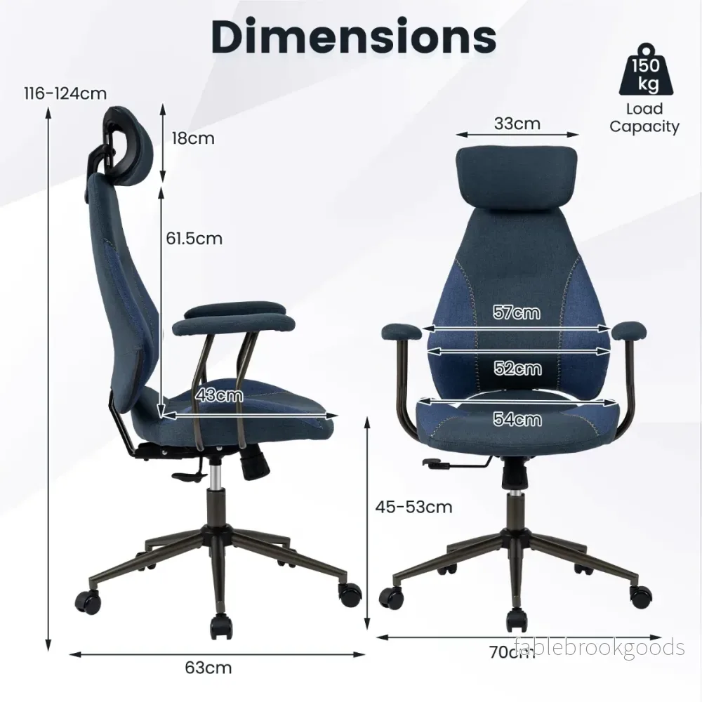 Ergonomisk – kontorsstol med linneduk och justerbart ryggstöd huvudstöd, skrivbordsstol, – . – Blå - Bild 2