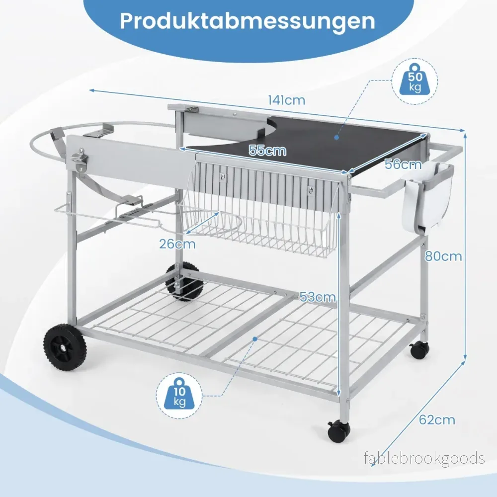 Grillvagn – med hjul, stor arbetsplatta, kryddhylla och papperskorg sidovagn grillbord – 4 – Svart - Bild 2