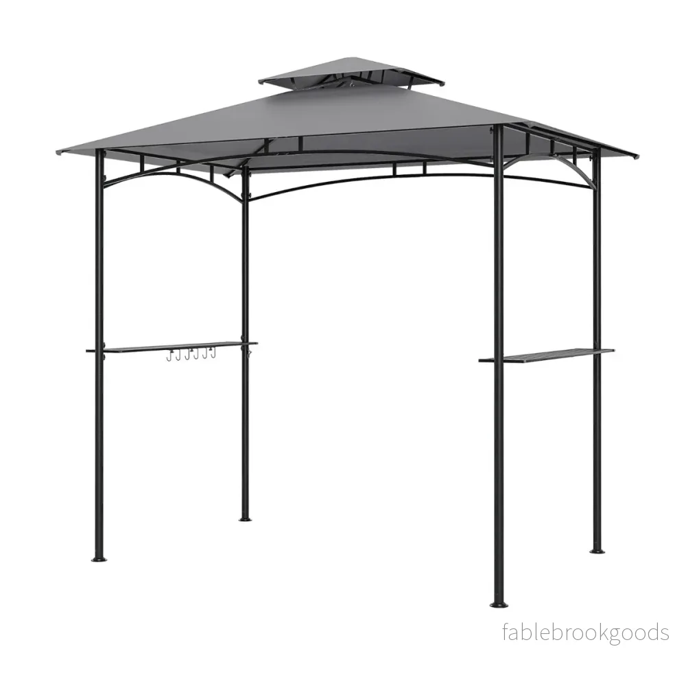 Grillpaviljong – med dubbelt tak och sidobord krokar Trädgårdspaviljong BBQ – 2 6 242 x 150 cm – Grå