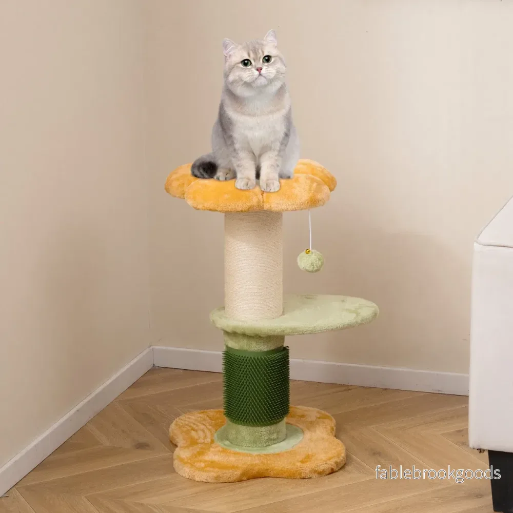 Blommig – kattklätterträd med vadderad plyschsits Litet Gult – 69 cm – Gul - Bild 3