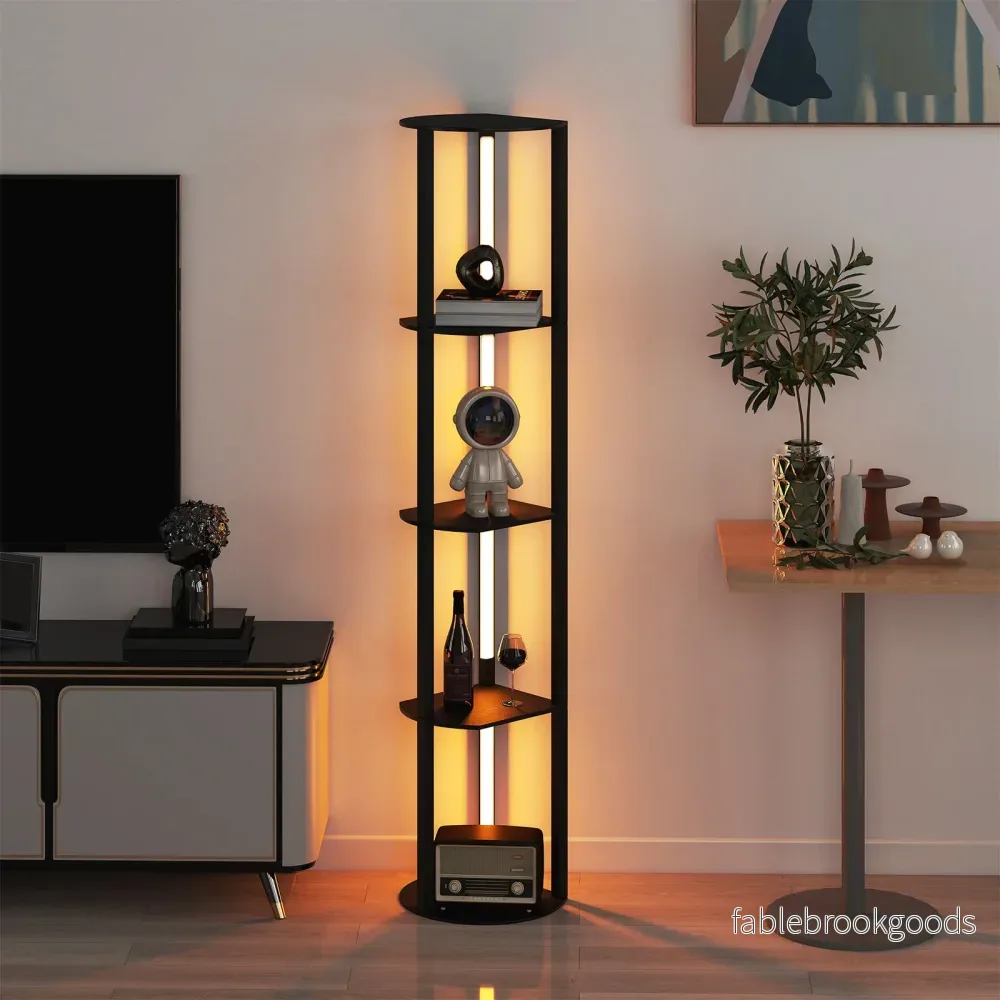Golvlampa – med hyllor och roterbara LED remsor fotströmbrytare avlastningshylla – 4 – Svart - Bild 3