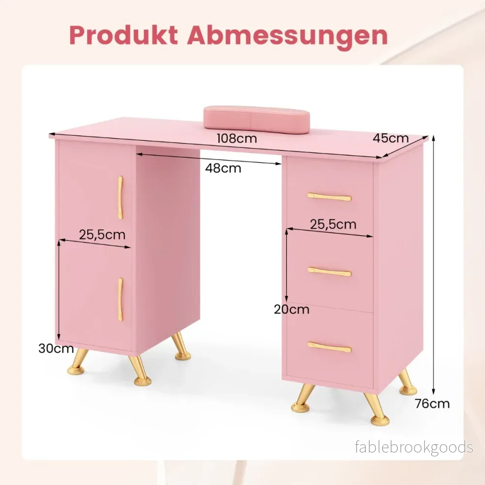 Manikyrbord – med lådor skåp och handledsstöd – Rosa - Bild 2
