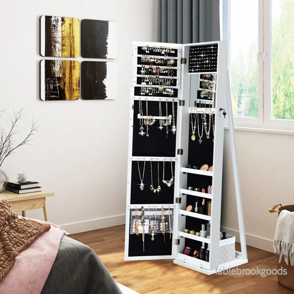 i – stort och låsbart smyckesskåp med fullängdsspegel Fristående smyckesställ – 2 1 – Vit - Bild 3