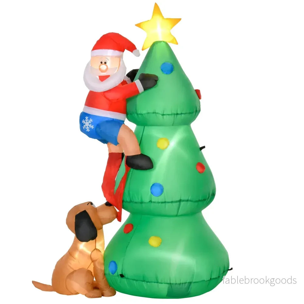 Uppblåsbar 180cm julgran med tomte & hund, LED-lampor Uppblåsbar 180cm julgran med tomte & hund, LED-lampor