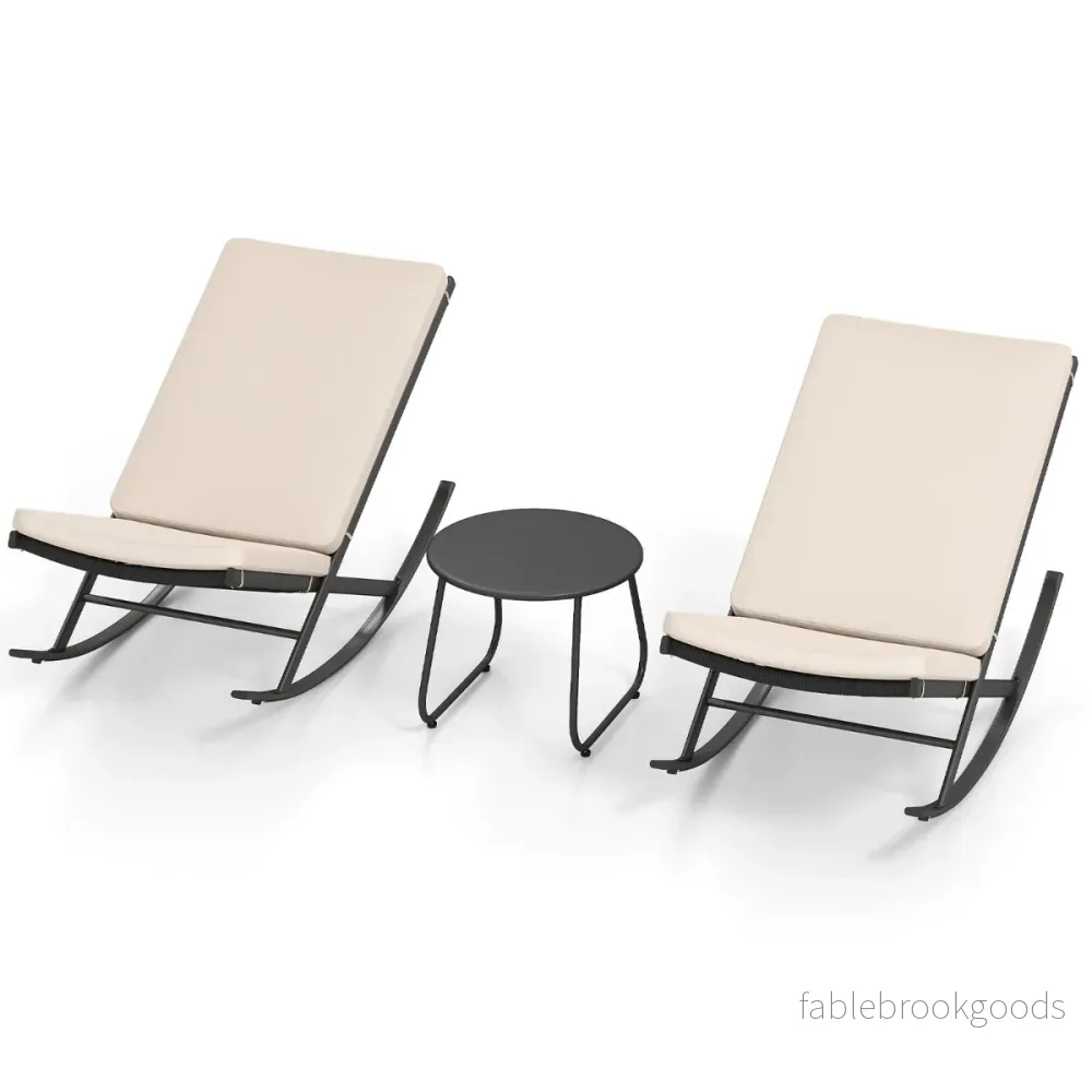delat – svängande bistro set PE rattanstolar med metallsoffbord och tjocka kuddar trädgårdsmöbel – 3 – Beige