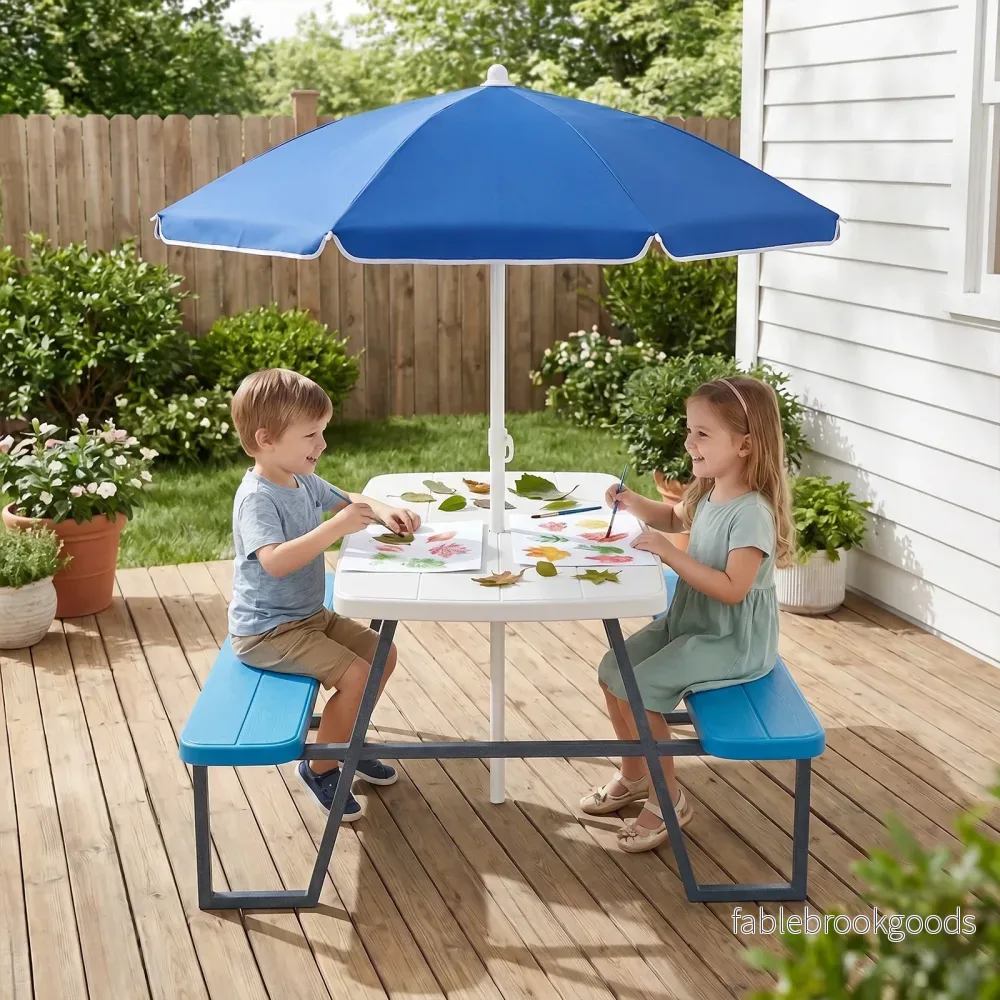 Barnpicknickbord – i HDPE med bänkar, höjdjusterbart och avtagbart parasoll – 2