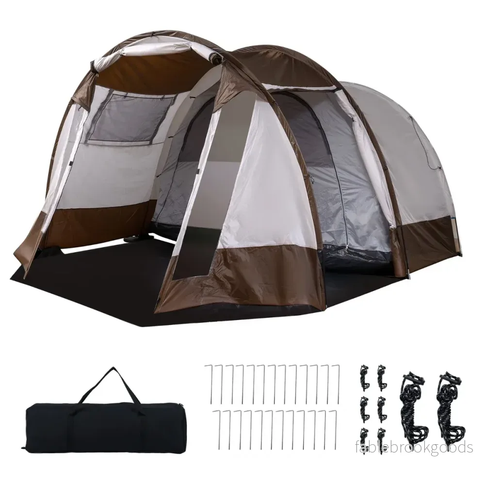 Tunnelttält – för personer, vattenavvisande campingtält med stort förrum och ventilationsdörr – 4-6 – Brun