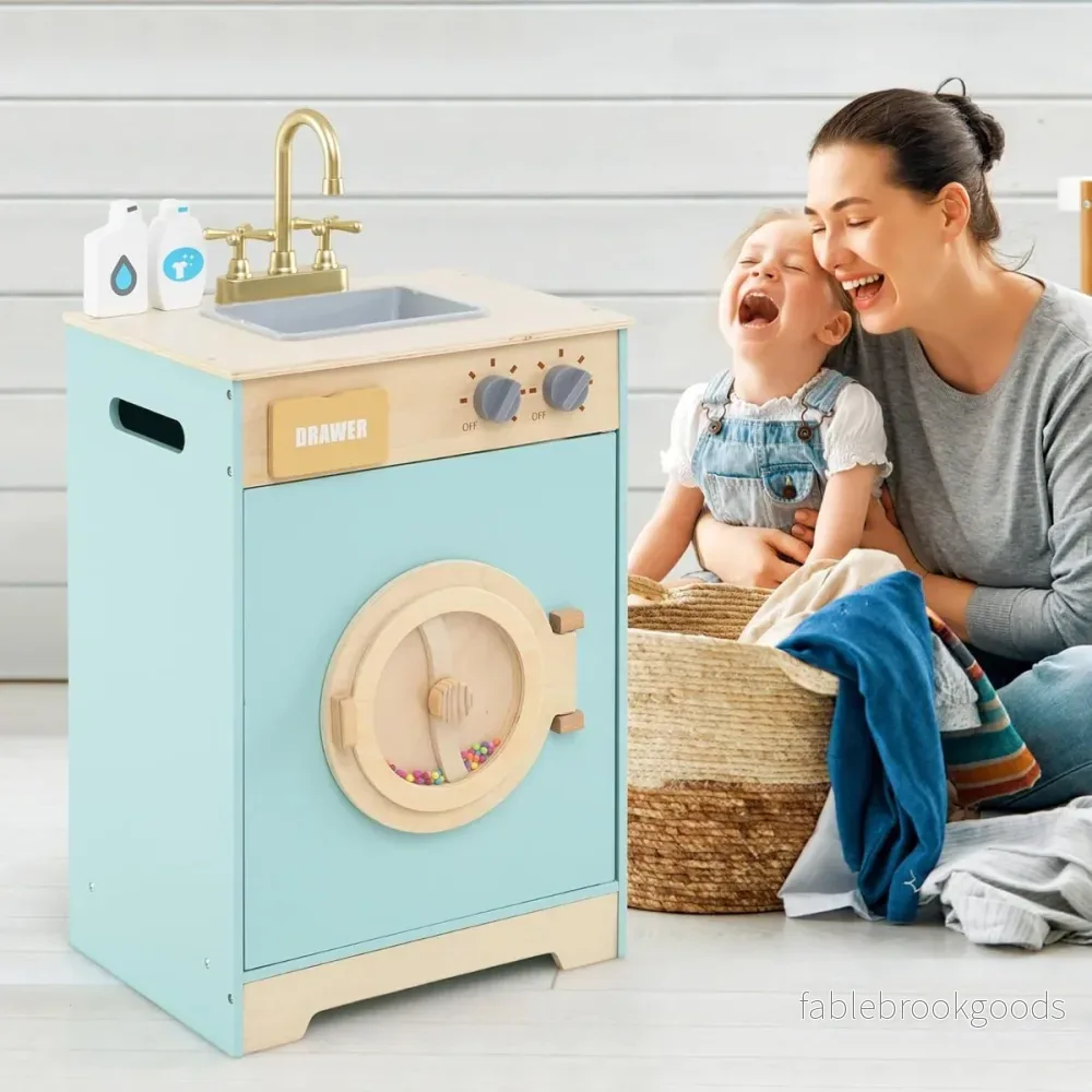 Barn – tvättmaskin med tvättmedel trä tvättstuga kökset diskho – Blå - Bild 3