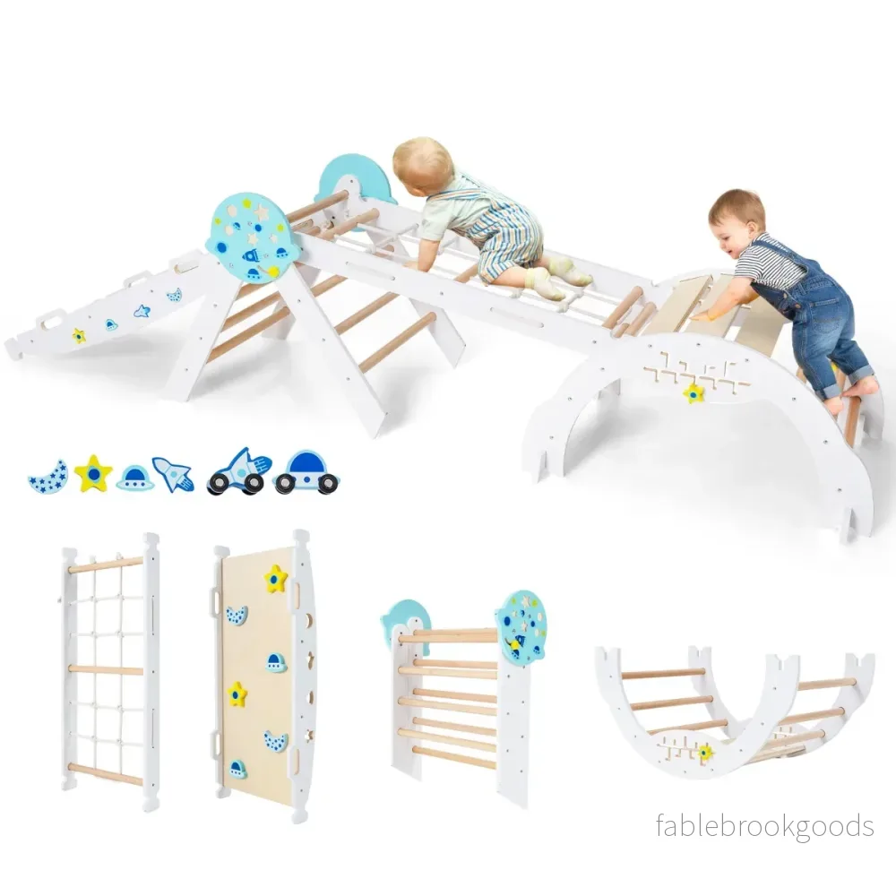 I – Montessori Klettergerüst Set Med Kletterbåge och Kletterseil Leiter Trä Klettertriangel – 9 1 – Vit