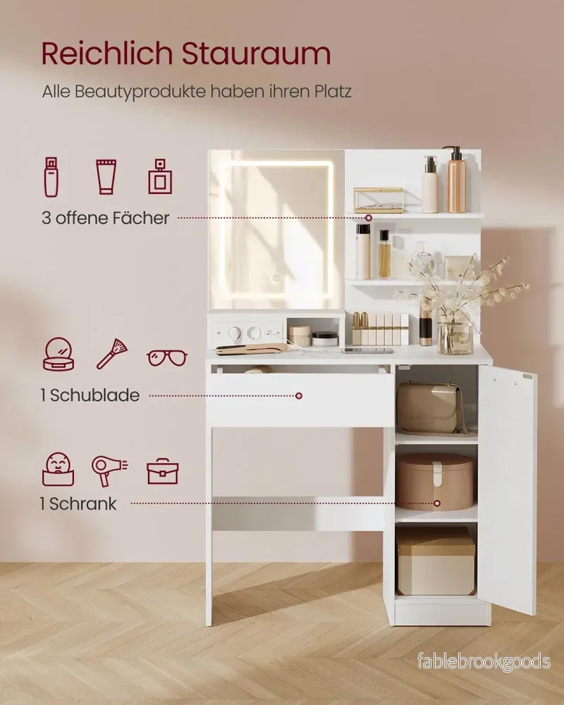Sminkbord med LED-spegel och låda – Vit - Bild 3