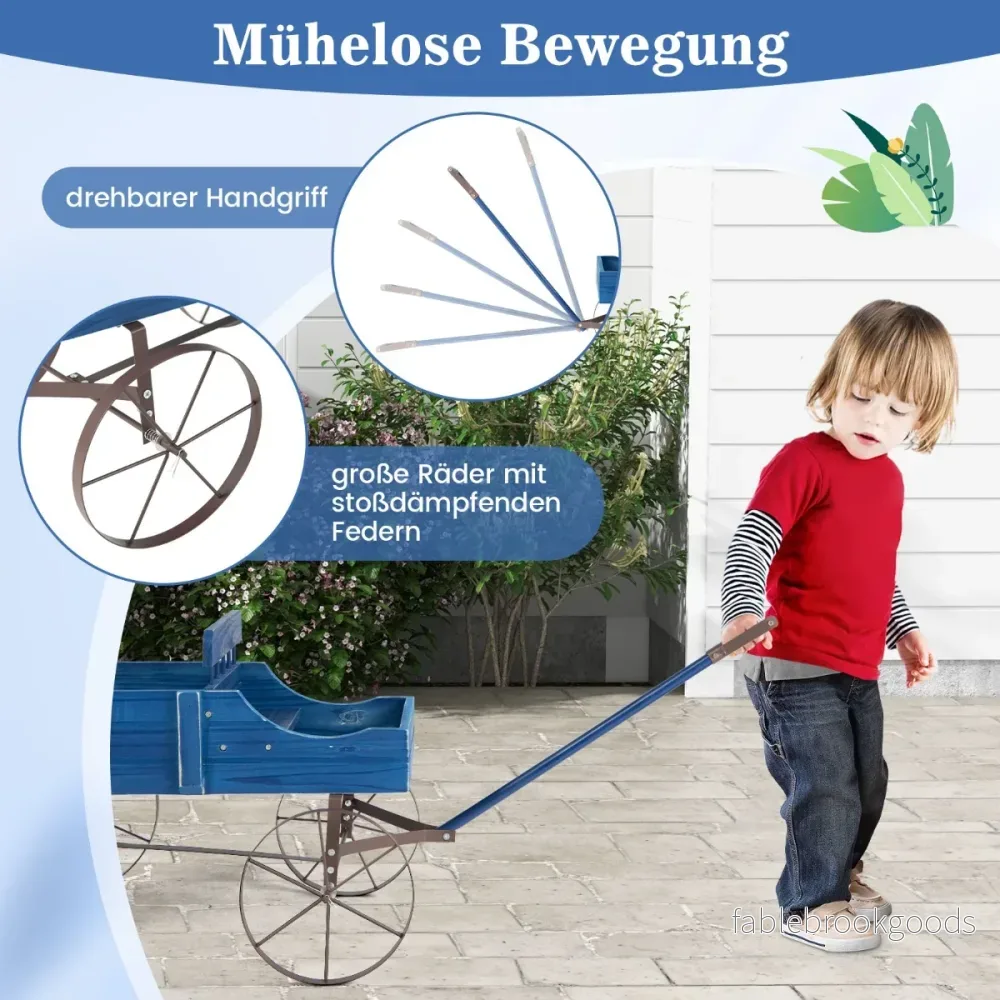 Blomstativ – Trävagn Växtvagn Blomstervagn med metallhjul – 62 x 34 x 60 cm – Blå - Bild 3