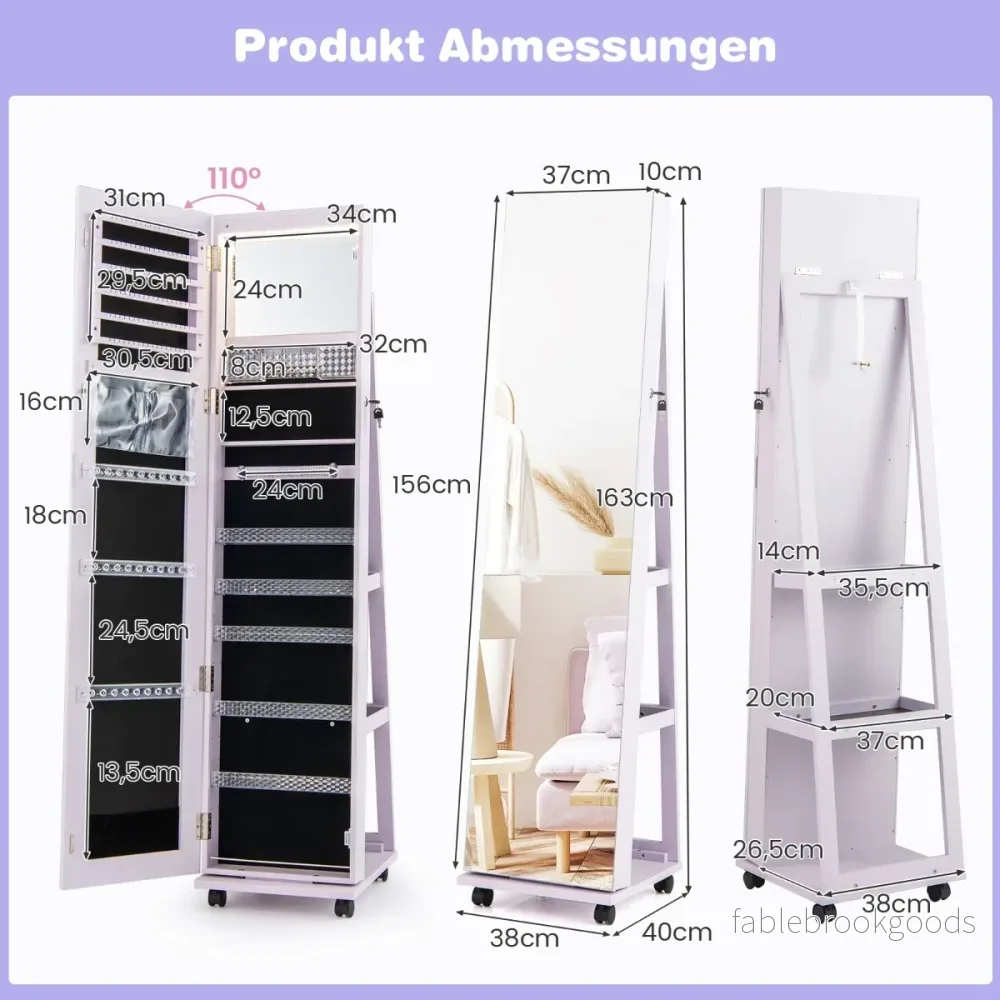 Låsbar – smyckeskrin med integrerad sminkspegel, justerbara hyllor och förvaringsutrymme, – . – Lila - Bild 2
