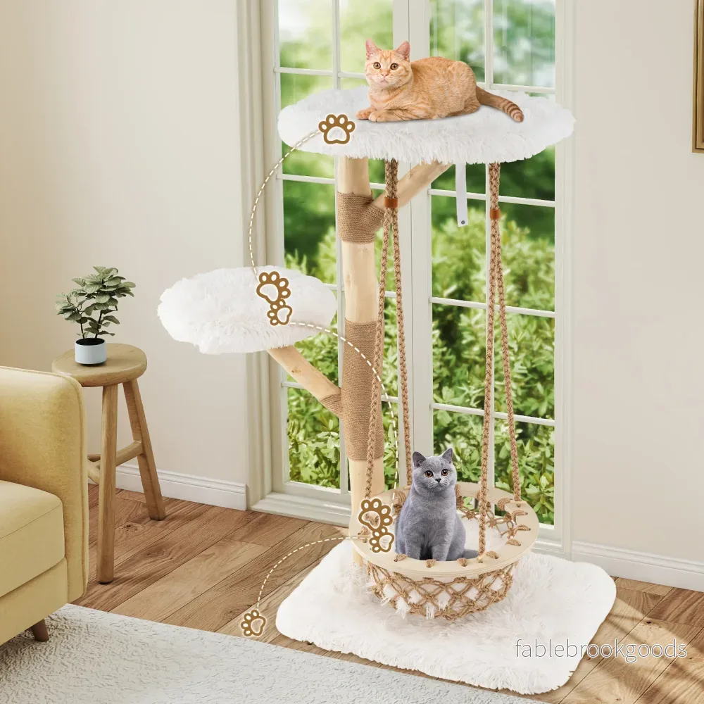 Kattträd – med hängande korg och klättertorn riktiga trägrenar kattaktivitetsträd – 123 cm – Natur - Bild 3