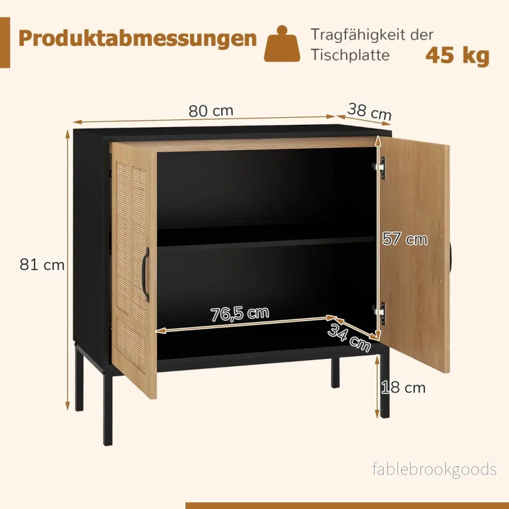 Rattanskåp – med faldigt justerbart hyllsystem och dörrar Boho buffé accentskåp – 3 2 – Svart - Bild 2