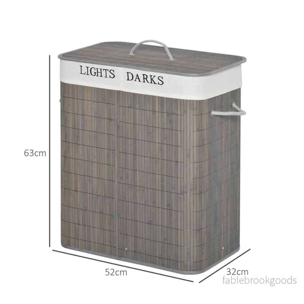 Bambu tvättkorg, 100L, dubbla fack, hopfällbart lock - Bild 3