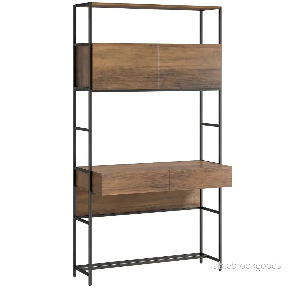 Datorskrivbord med hyllor och 2 lådor, brunt, 185 cm
