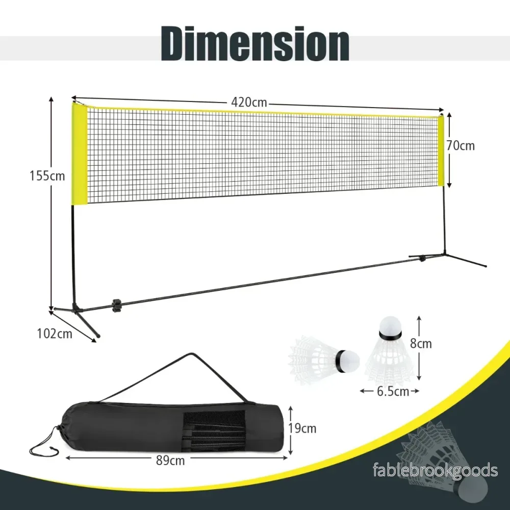 Badmintonnät – med stativ, höjjusterbart fjäderbollsnät fjäderbollar och bärväska Gult – 2 420 x 102 x 89-155 cm – Gul - Bild 2